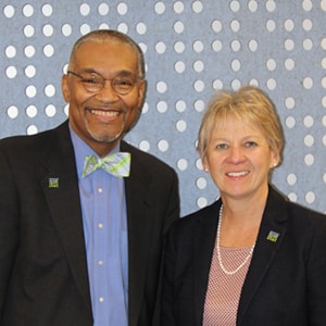 Susan Gunderson, CEO, and Bruce King, Board Chair, stand together at LifeSource headquarters.